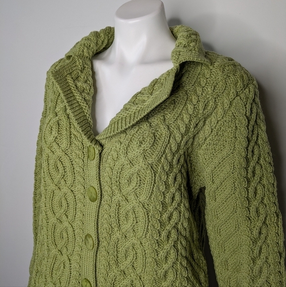 Aran Crafts green 100% merino wool cable knit button up cardigan sweater S - Picture 2 of 8
